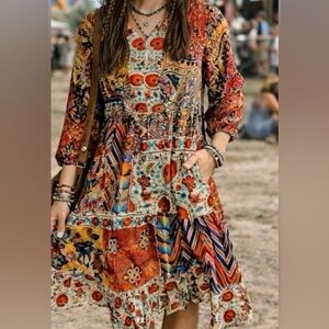 Shana Silk Boho Tiered Dress w Pockets Cruise Johnny Was Inspired NWT M